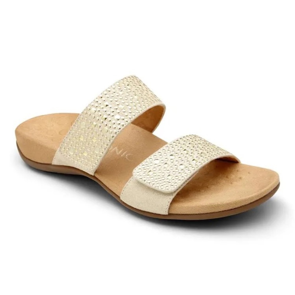 Vionic Samoa Rhinestone Studded Double Strap Sandals Tan Gold Metallic
